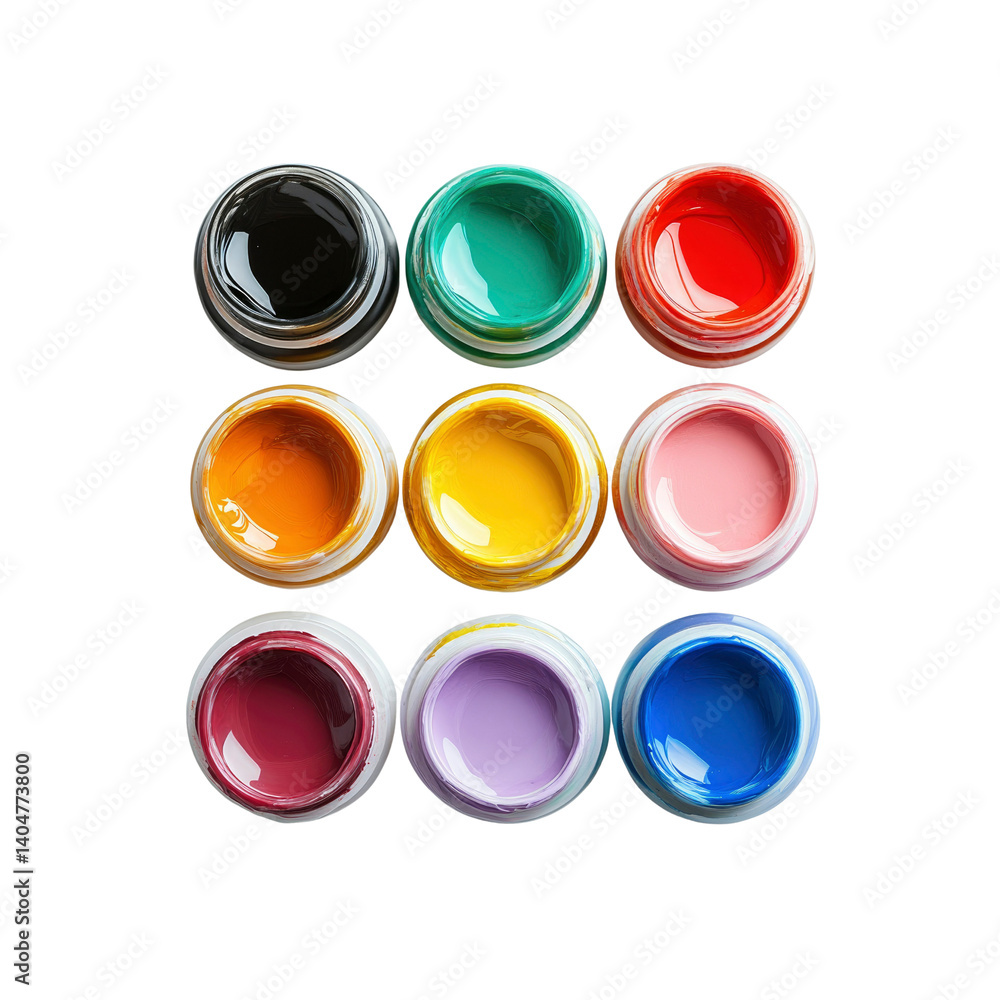 Vibrant Collection of Colorful Paint Pots in a Grid Arrangement Vibrant Collection of Colorful Paint Pots in a Grid Arrangement