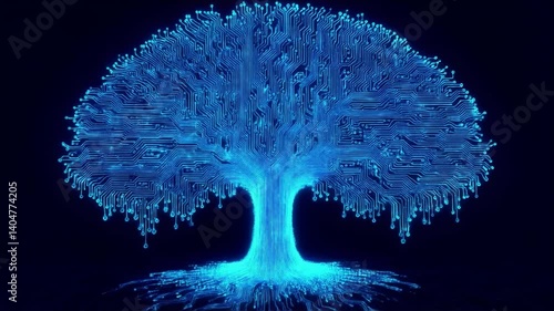 Explore the futuristic beauty of a glowing circuit board tree, its intricate patterns and pulsating nodes creating a stunning blend of nature and electronics.
