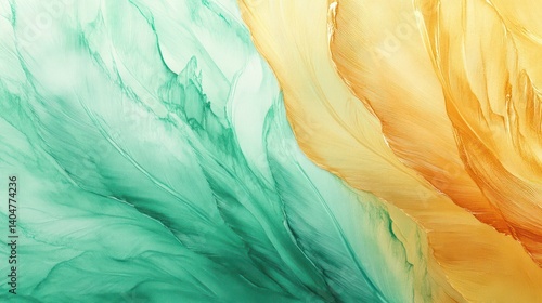 Wallpaper Mural Radiant watercolor hues of soft jade green merging into deep honey gold, the organic flow of pigments creating an elegant, feathered pattern on handmade canvas Torontodigital.ca