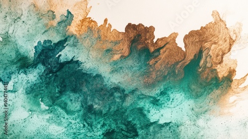 Softly dispersing watercolor pigments in muted emerald and warm bronze, intricate feathered edges forming natural, ethereal diffusion patterns across the handmade canvas