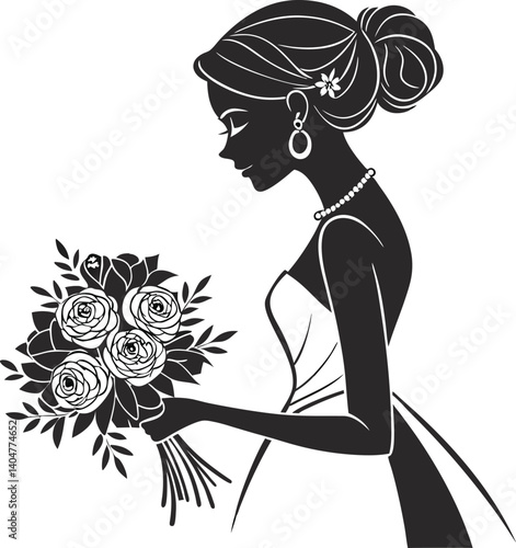 Elegant Woman Profile Silhouette - Vintage Minimalist Fashion Illustration with Floral Bouquet and Teardrop Earring