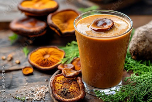 A creative infusion of reishi mushroom in a herbal smoothie, a trending superfood known for its health benefits,