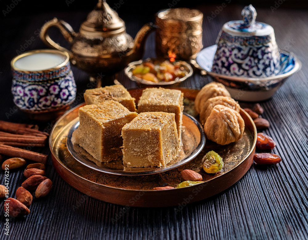 Fototapeta premium Traditional Azerbaijani sweets like halva and gozal are presented, showcasing the country's diverse culinary traditions and sweet flavors.
