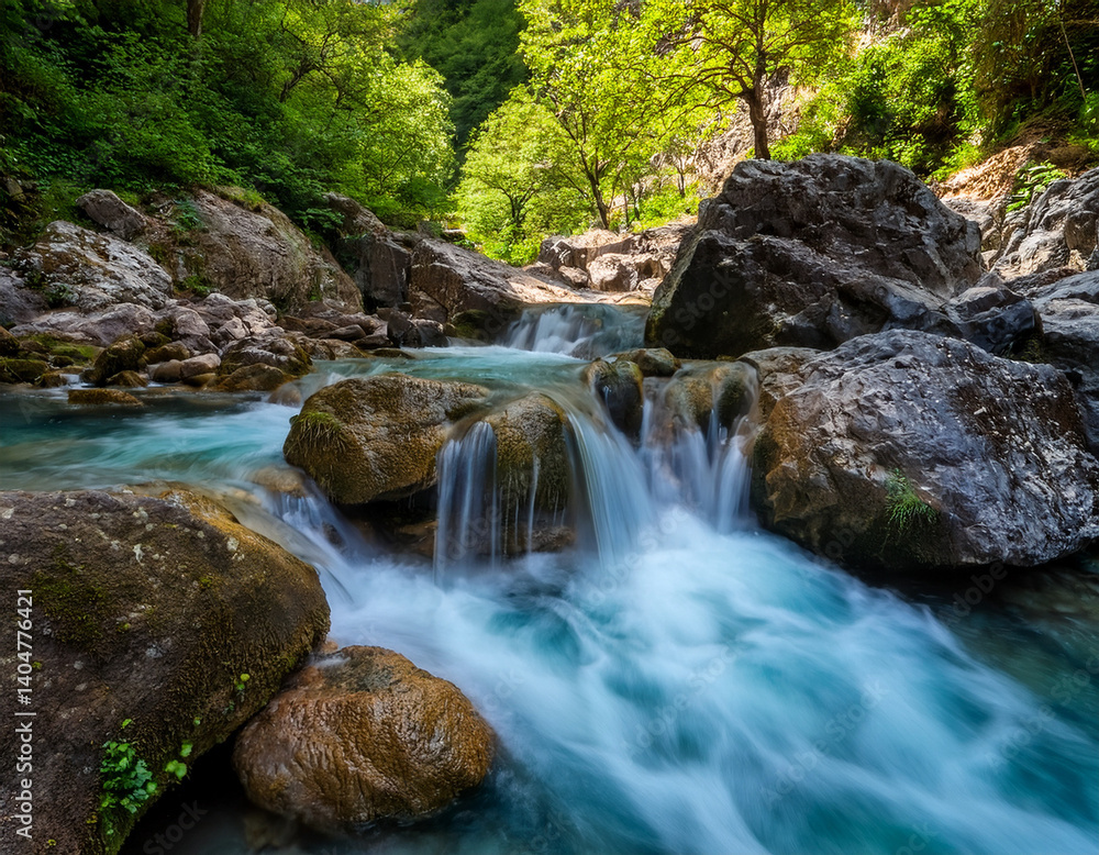 Mountain streams cascade over rocks, creating small waterfalls and highlighting Azerbaijan's natural water features.