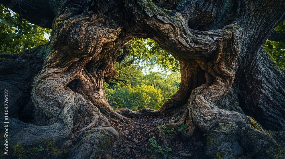 Discovering a hidden portal in an ancient oak tree leading to a vibrant fantasy realm Discovering a hidden portal in an ancient oak tree leading to a vibrant fantasy realm