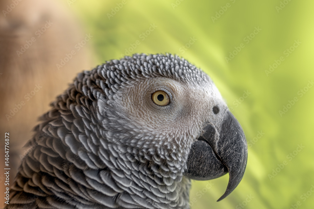 Obraz premium Macro detail of the head of a gray parrot with its beautiful plumage and yellow eye on a green background