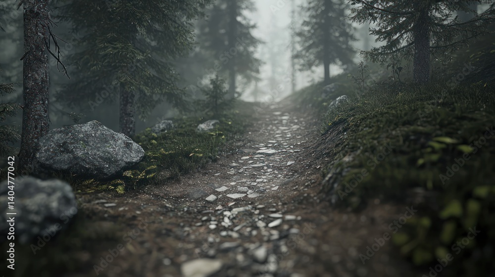 Obraz premium Misty Forest Path: A Serene Journey Through the Woods