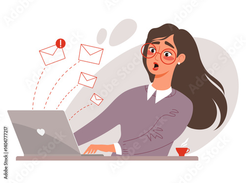 Woman working on laptop with email overload and surprised to receive so many new messages. Newsletter and customer feedback concept. Flat vector illustration