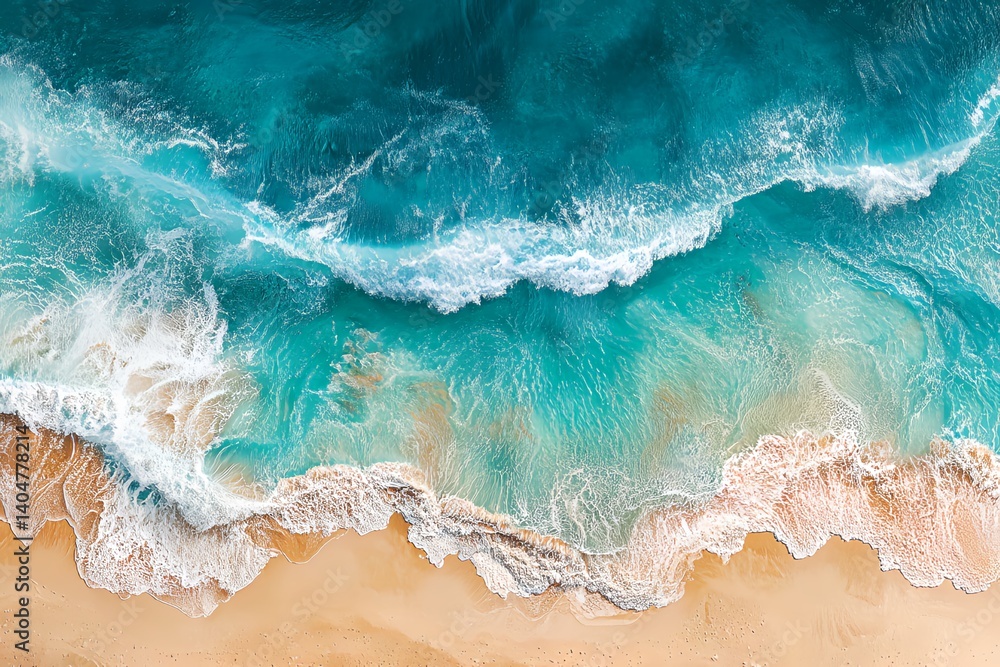 Ocean Wave Art: Teal ocean waves rolling onto a sandy beach, captured from an aerial view. The image showcases the mesmerizing texture and color of the water and sand. Ocean Wave Art: Teal ocean waves rolling onto a sandy beach, captured from an aerial view. The image showcases the mesmerizing texture and color of the water and sand.