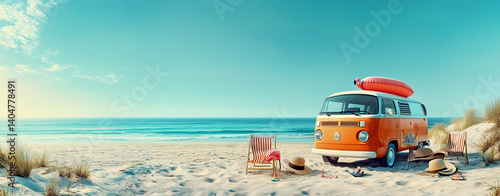 Retro Beach Van with Summer Vacation Accessories on Sandy Shore