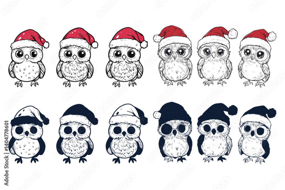 owls with red Christmas hat for design element and coloring book,coloring page. owls with red Christmas hat for design element and coloring book,coloring page.