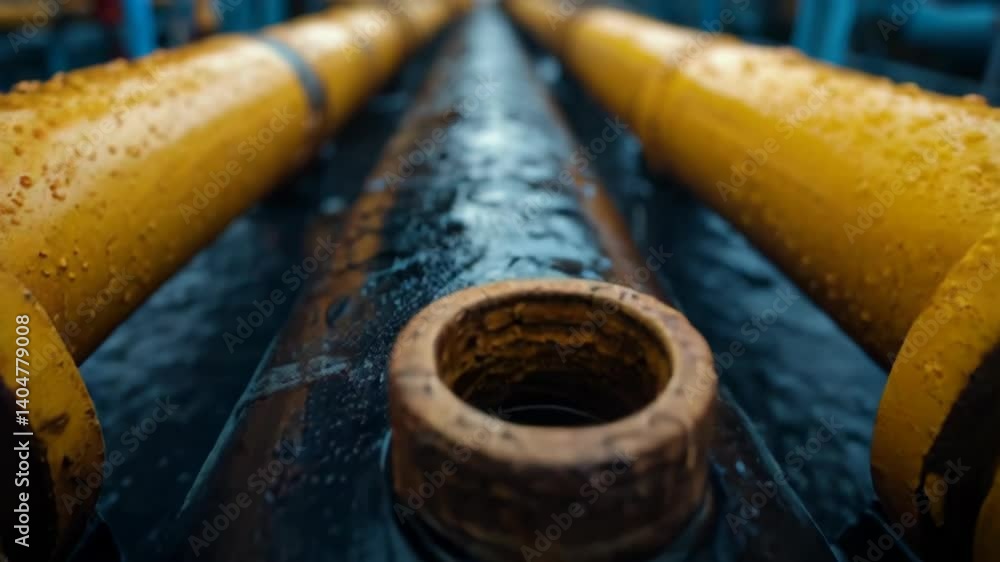 Closeup of heavy machinery with yellow pipes and water droplets Closeup of heavy machinery with yellow pipes and water droplets