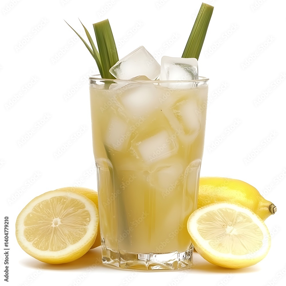 Sugarcane Juice with Ice Cubes and Lemon in Glass