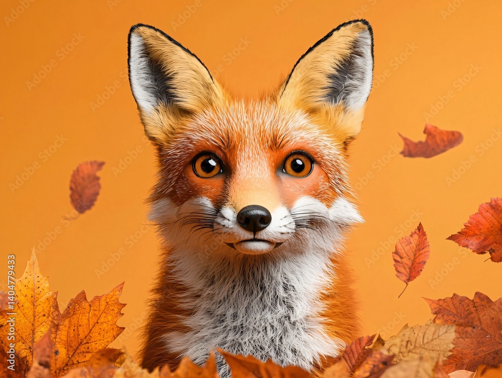 Fototapeta premium Adorable Red Fox Among Autumn Leaves Fall Wildlife Portrait