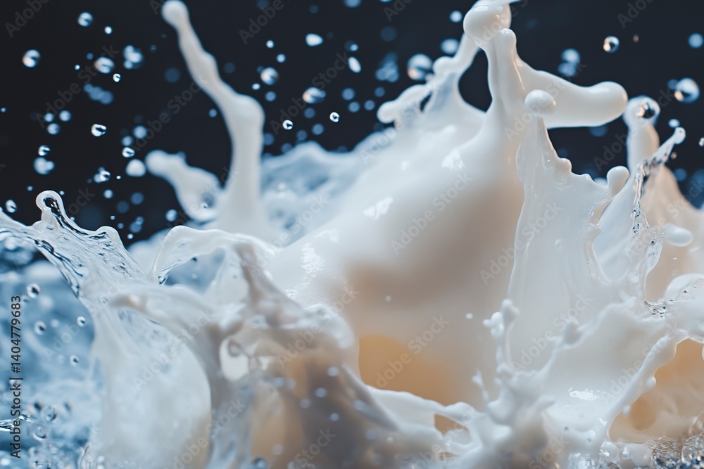 Elegant arcs of milk splash upwards, creating intricate droplets in a close-up view of motion