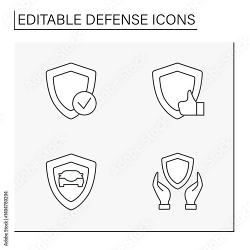  Defense line icons set. Protection shields. Personal data. Safety concepts. Isolated vector illustrations. Editable stroke