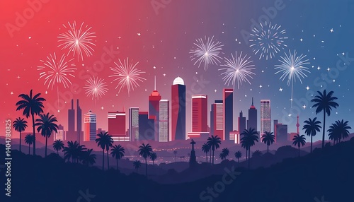 Los Angeles Fourth of July Skyline Fireworks, Palm Trees, and Patriotic Celebration