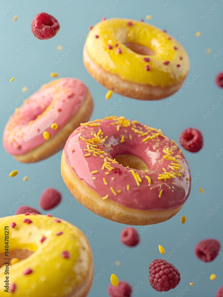 Raspberry and lemon glazed donuts with sprinkles floating with raspberries on blue background Raspberry and lemon glazed donuts with sprinkles floating with raspberries on blue background