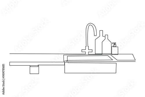 One single line drawing of sink and cutting board. Minimalist kitchenware tools concept. Dynamic continuous line draw design graphic vector illustration.