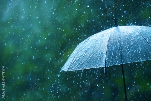 Close Up of Umbrella in Heavy Rain with Water Droplets Falling