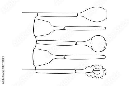 One single line drawing of spoons collection. Minimalist kitchenware tools concept. Dynamic continuous line draw design graphic vector illustration.