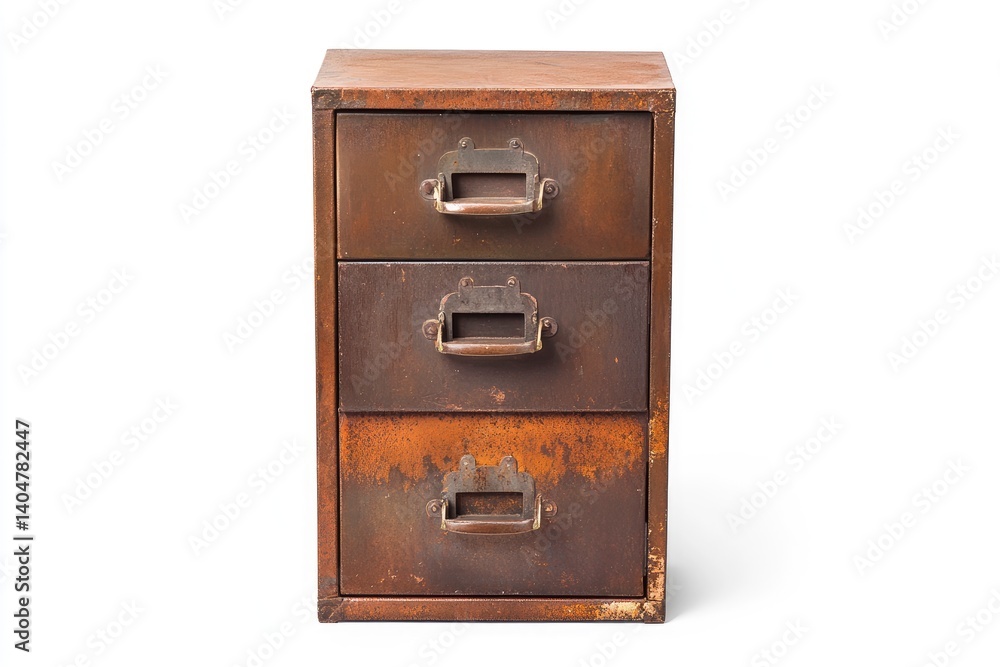 Antique Metal Cabinet with Three Drawers on White Background Antique Metal Cabinet with Three Drawers on White Background