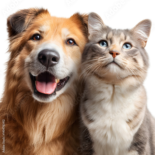 Portrait of Happy dog and cat that looking at the camera together isolated on transparent background, friendship between dog and cat, amazing friendliness of the pets	