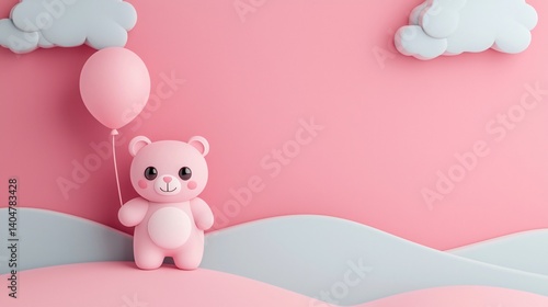 Wallpaper Mural Adorable Pink Teddy Bear with Balloon in Pastel Landscape Cute 3D Render Torontodigital.ca
