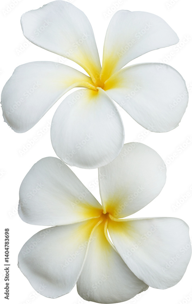 Fototapeta premium Delicate white plumeria flower with a yellow center, symbolizing beauty and serenity.