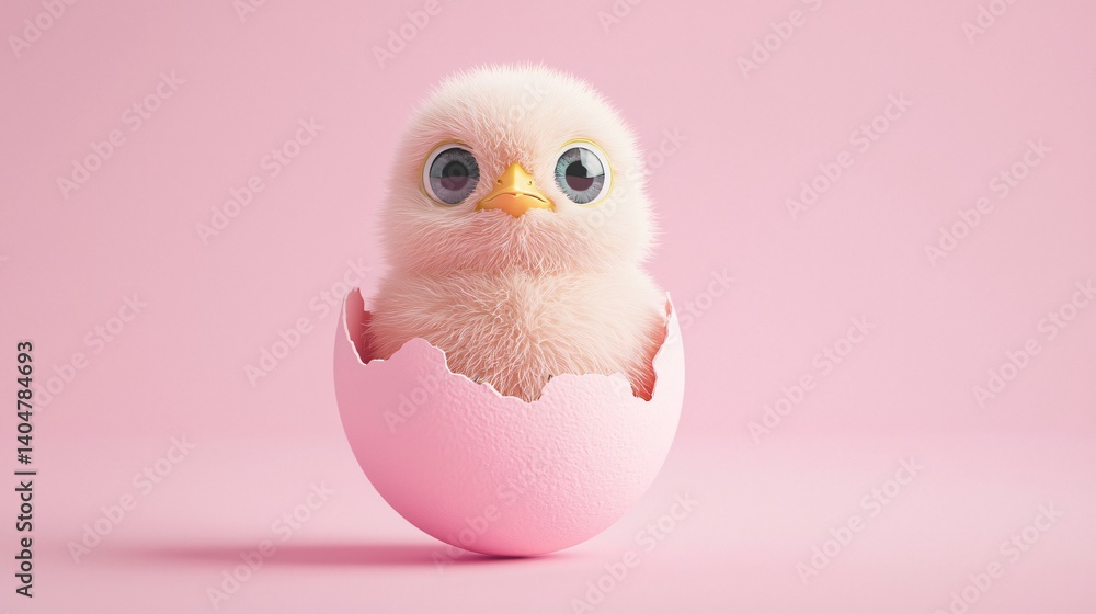 Fototapeta premium Adorable Fluffy Chick Emerging from Pink Easter Egg Shell on Pink Background
