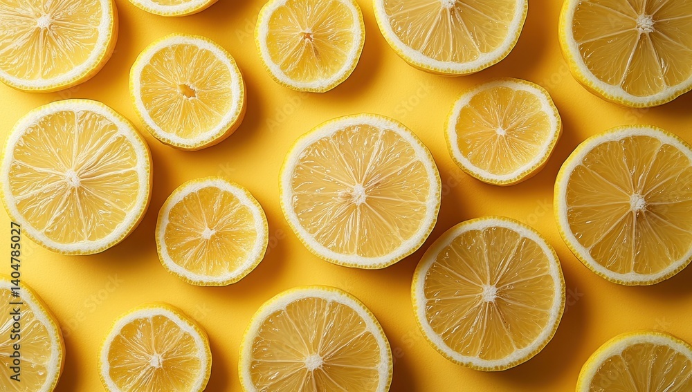 Fresh Lemon Slices Arranged on Bright Yellow Background for Vibrant Visual Appeal and Culinary Inspiration Fresh Lemon Slices Arranged on Bright Yellow Background for Vibrant Visual Appeal and Culinary Inspiration