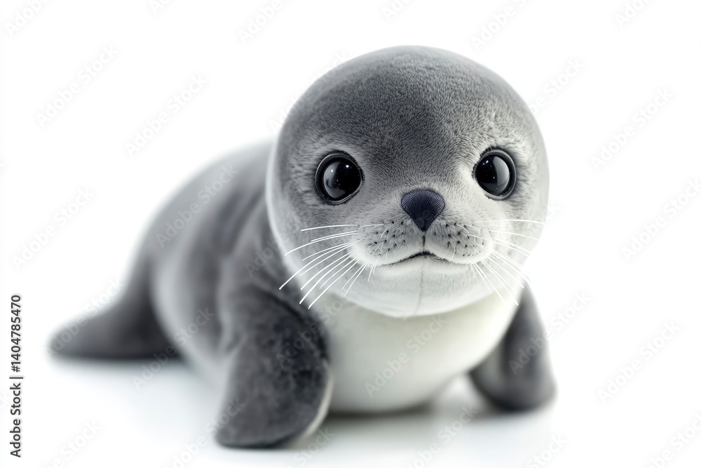 Cute Seal Pup Plush Toy Lying on White Background, Closeup Cute Seal Pup Plush Toy Lying on White Background, Closeup