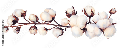 A branch cotton, delicately painted in watercolor, isolated on a transparent background.