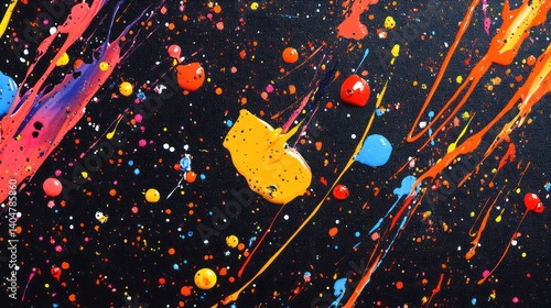 Ultra-detailed splattered paint canvas with rich acrylic buildup, random splashes forming energetic movement, professional composition capturing subtle light refractions