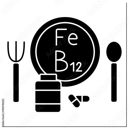 Anemia prevention glyph icon. Iron-rich diet and vitamin B12. Health protection. Healthcare concept.Filled flat sign. Isolated silhouette vector illustration