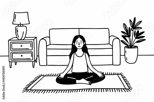 Healthy serene young woman meditating at home with eyes closed doing pilates breathing exercises, relaxing body and mind sitting on floor in living room. Mental health and meditation for no stress