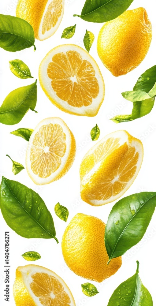 Fresh Lemons and Green Leaves Floating on White Background for Healthy Lifestyle, Cooking, and Natural Ingredients Concept Fresh Lemons and Green Leaves Floating on White Background for Healthy Lifestyle, Cooking, and Natural Ingredients Concept