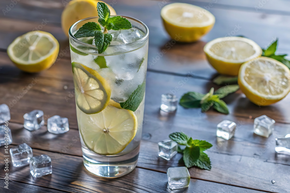 Fototapeta premium Summer Drink Vibes – Lemonade with Ice and Mint on Wooden Table.