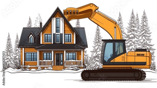 Construction excavator works on a winter home.