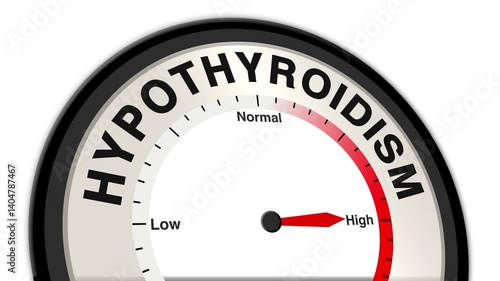 Hypothyroidism text or word shown with a barometer or tachometer-style gauge, representing varying levels of thyroid hormone deficiency and its impact on metabolism, energy, and overall health
