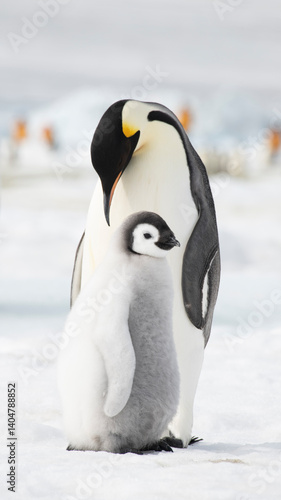 An Emperor Penguin with chick at the Emperor Penguin Colony at Snow Hill, Weddell Sea, Antarctica. October 2018. 