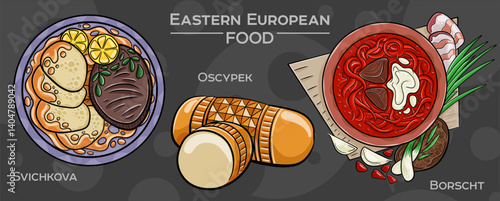 Popular Eastern European Traditional Food Set. Hand-drawn vector illustration on a dark background