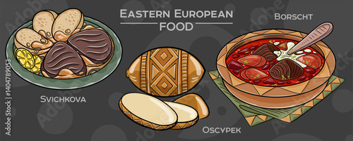 Popular Eastern European Traditional Food Set. Hand-drawn vector illustration on a dark background