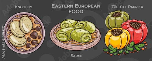 Popular Eastern European Traditional Food Set. Hand-drawn vector illustration on a dark background
