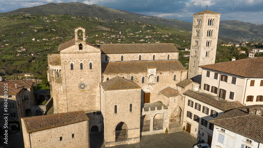 Aerial view of the cathedral of the town of Anagni which is located in the province of Frosinone in Lazio, Italy. It is a Marian church dedicated to the Annunciation of the Blessed Virgin Mary.