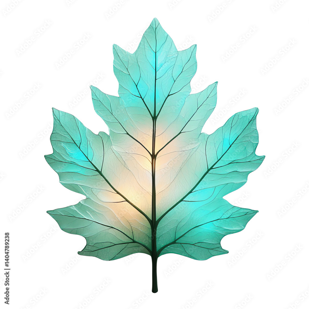 Fototapeta premium Png of A vibrant teal maple leaf with glowing accents, showcasing intricate details and a radiant, ethereal quality.