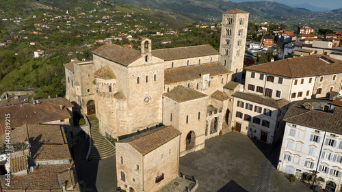 Aerial view of the cathedral of the town of Anagni which is located in the province of Frosinone in Lazio, Italy. It is a Marian church dedicated to the Annunciation of the Blessed Virgin Mary.