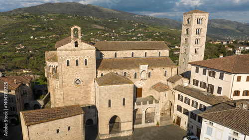 Aerial view of the cathedral of the town of Anagni which is located in the province of Frosinone in Lazio, Italy. It is a Marian church dedicated to the Annunciation of the Blessed Virgin Mary.