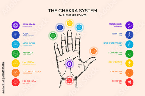 Palm chakra points. Chakras on a hand palm infographic vector illustration. Chakra system information with names, titles, line art symbol icons