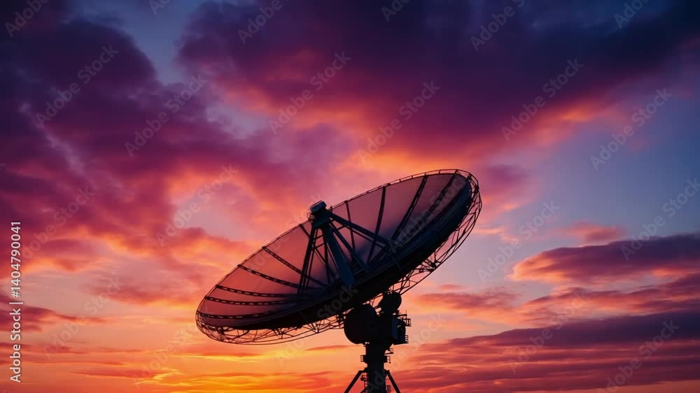 Sunset over a satellite dish silhouetted against a colorful sky with clouds Sunset over a satellite dish silhouetted against a colorful sky with clouds